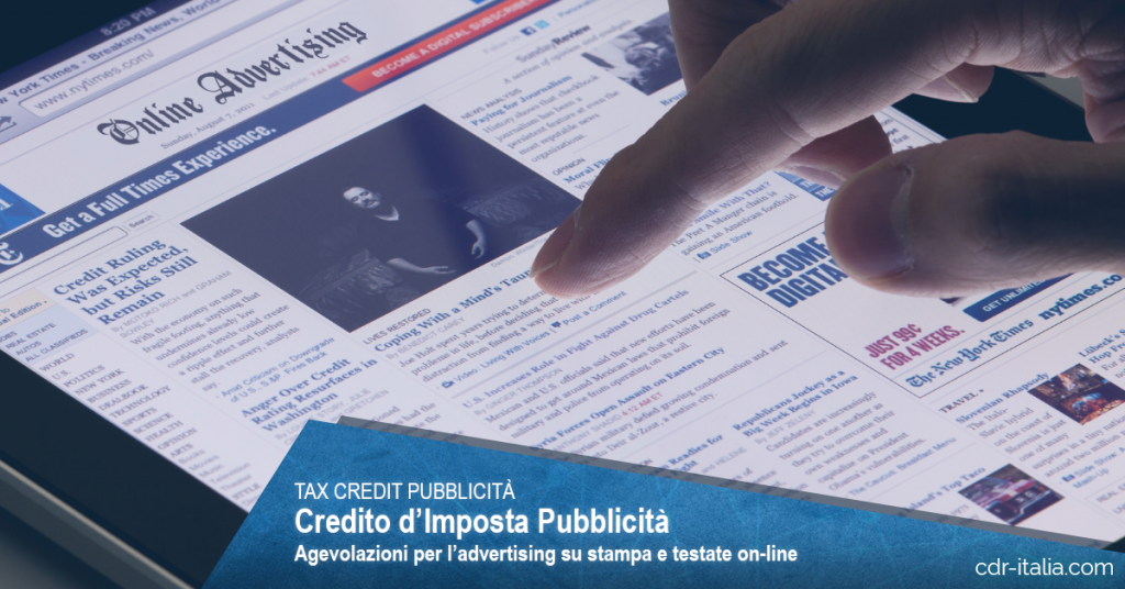Tax Credit pubblicità credito imposta investimenti pubblicitari consulenza in finanza agevolata CDR Italia